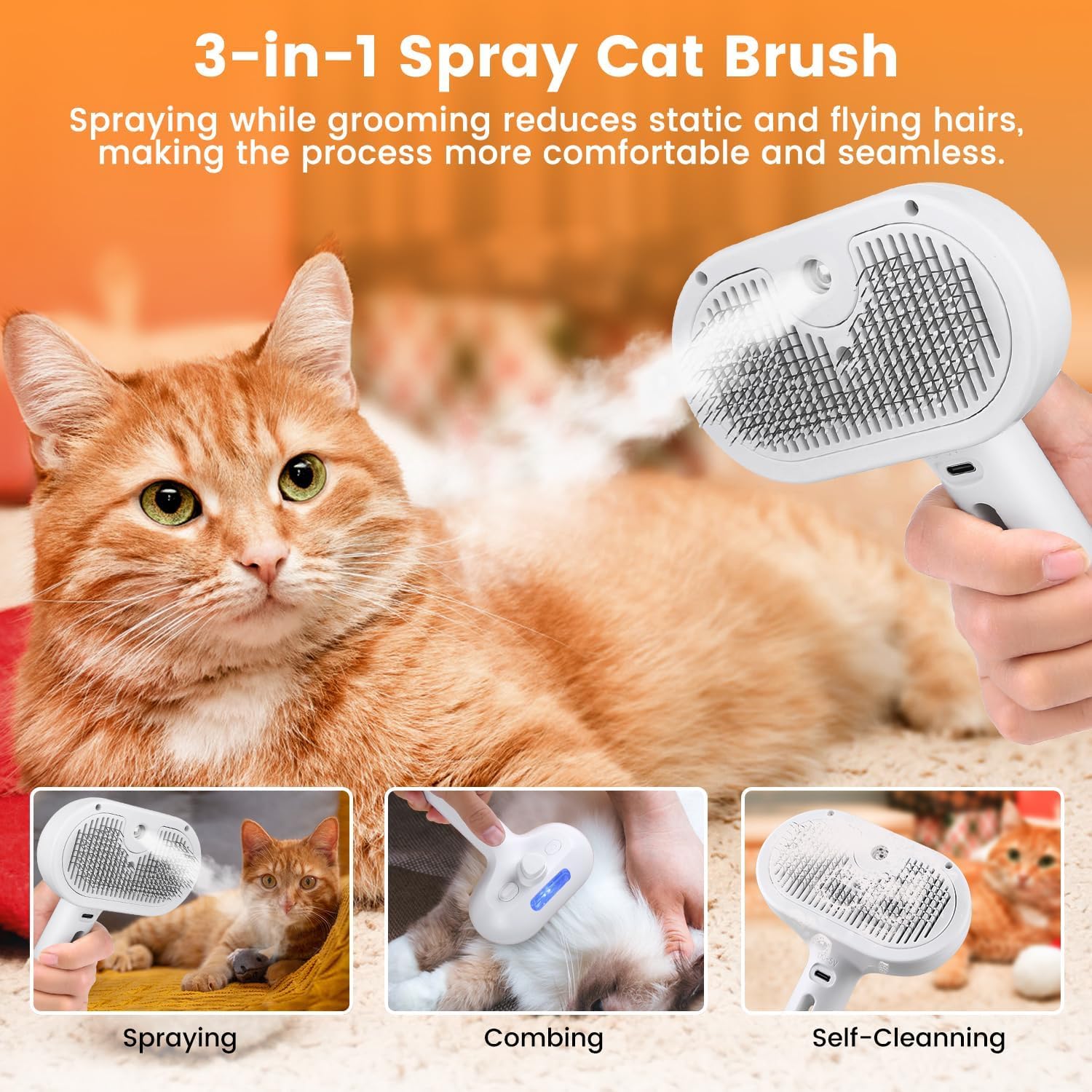 Pet steam grooming brush for dogs and cats – self cleaning spray comb USA