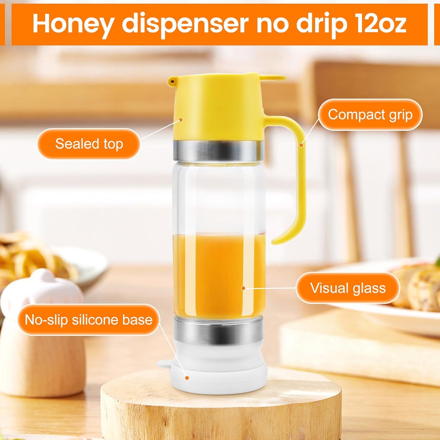 Glass Honey Dispenser No Drip with Stand – 12 OZ Syrup Jar for Tea & Coffee - Trenduff