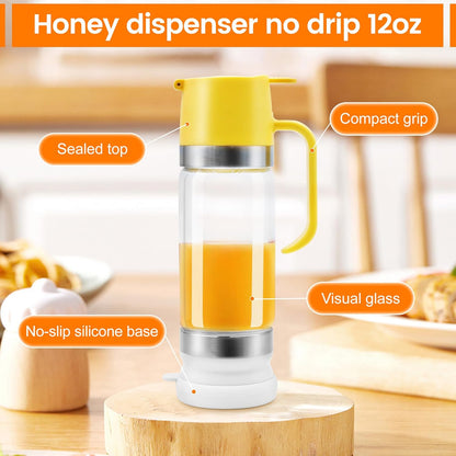 Glass Honey Dispenser No Drip with Stand – 12 OZ Syrup Jar for Tea & Coffee - Trenduff