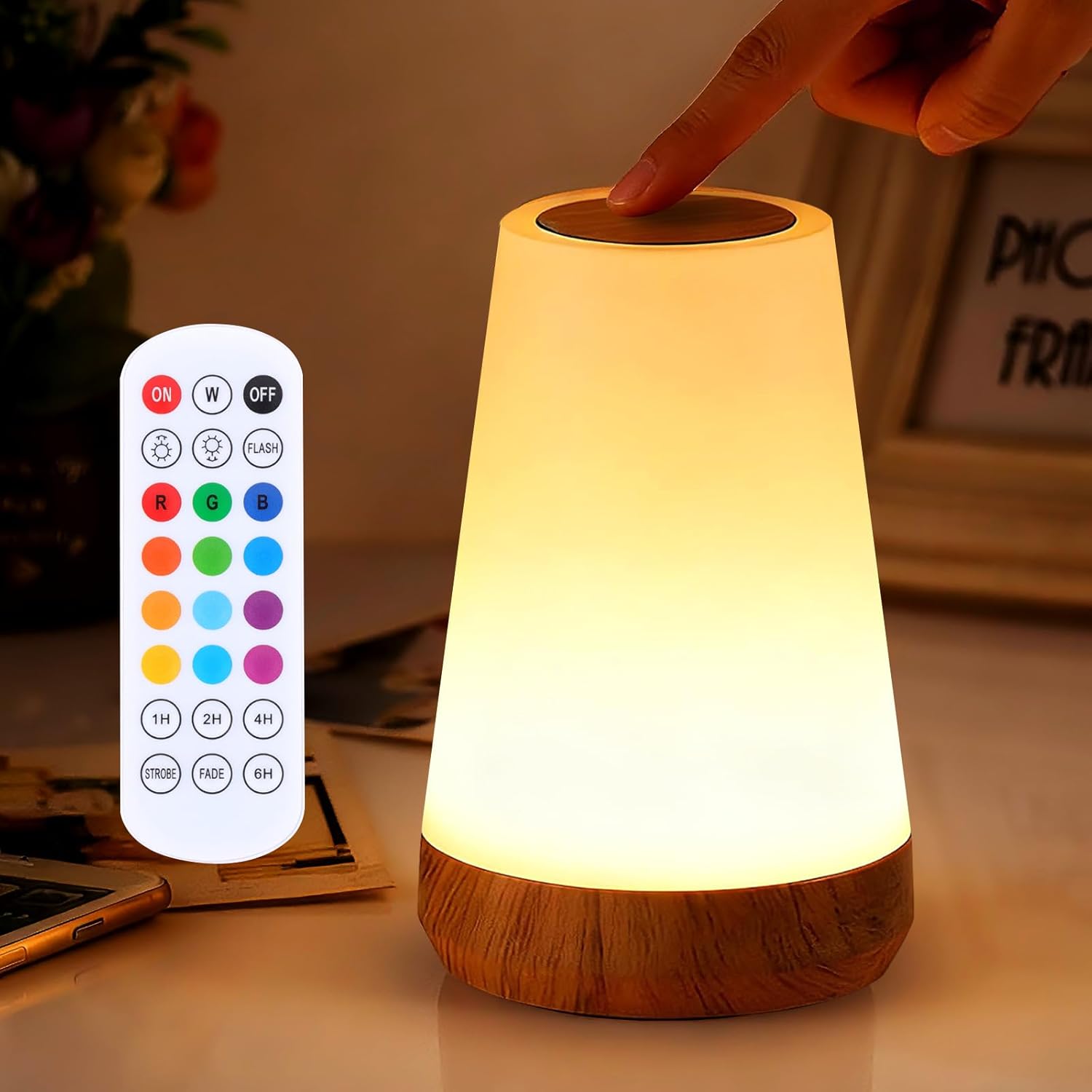 rgb touch night light lamp on bedside table